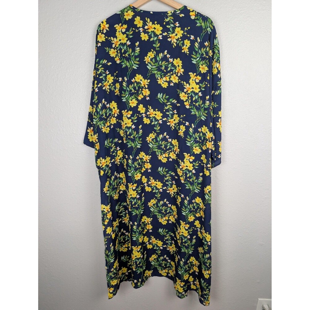Pioneer Woman Kimono Womens L XL Navy Yellow Floral Duster Robe 46in Lightweight - Picture 2 of 8